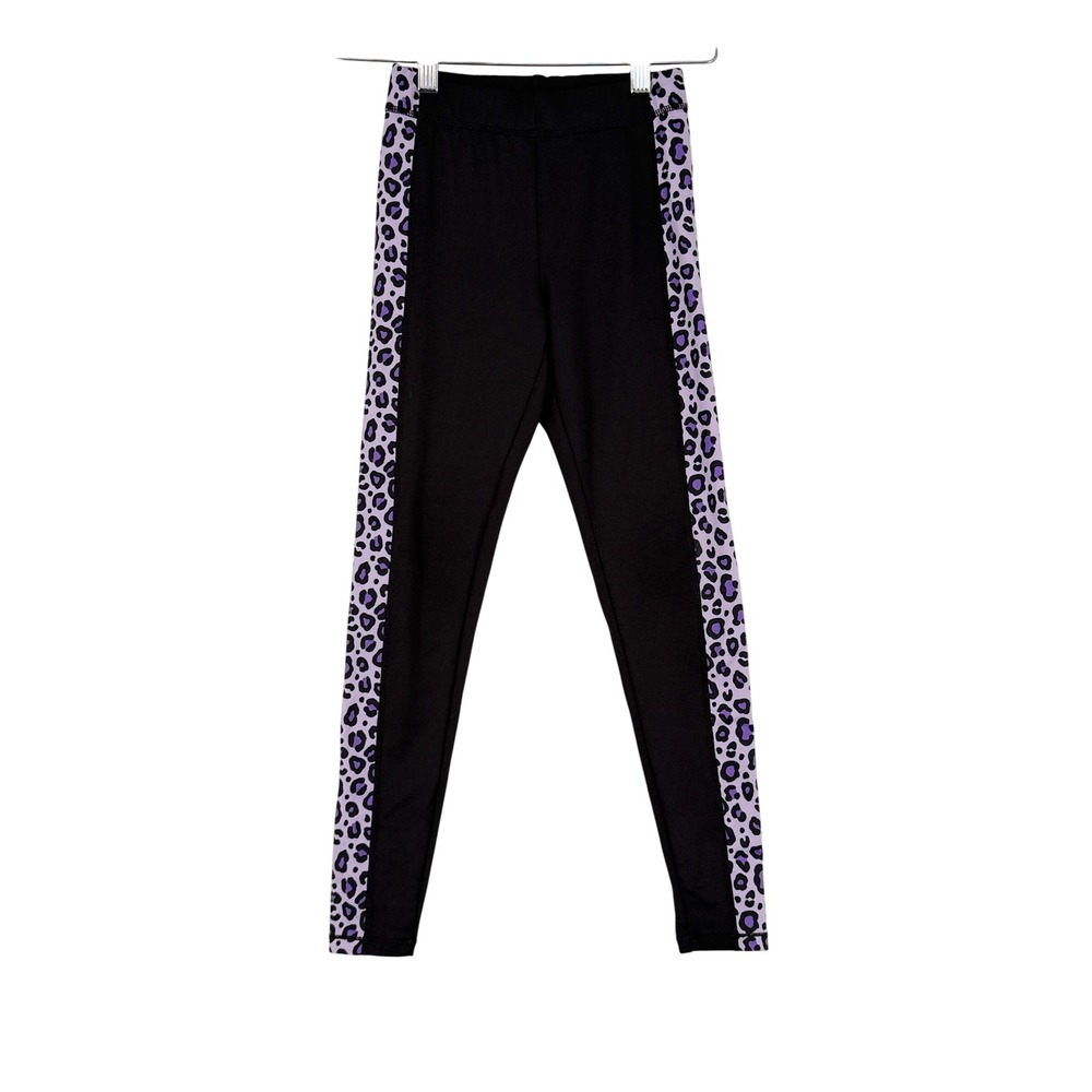 HM Sport Girls Black Purple Leopard Print Side Stripe Leggings Size 8-10Y‎